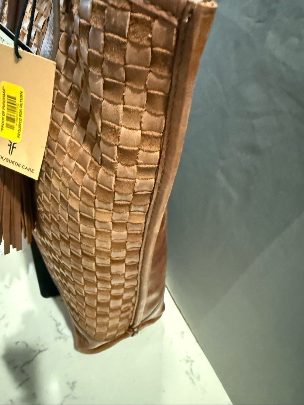Frye Woven Leather Shoulder Tote in Cognac Brown with Tassel - Picture 3 of 14